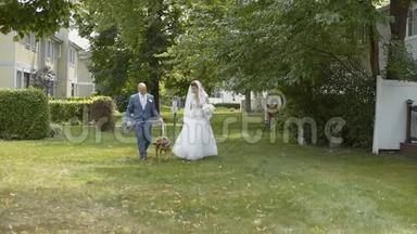 新婚夫妇和好狗在绿草上散步，然后互<strong>相亲</strong>吻
